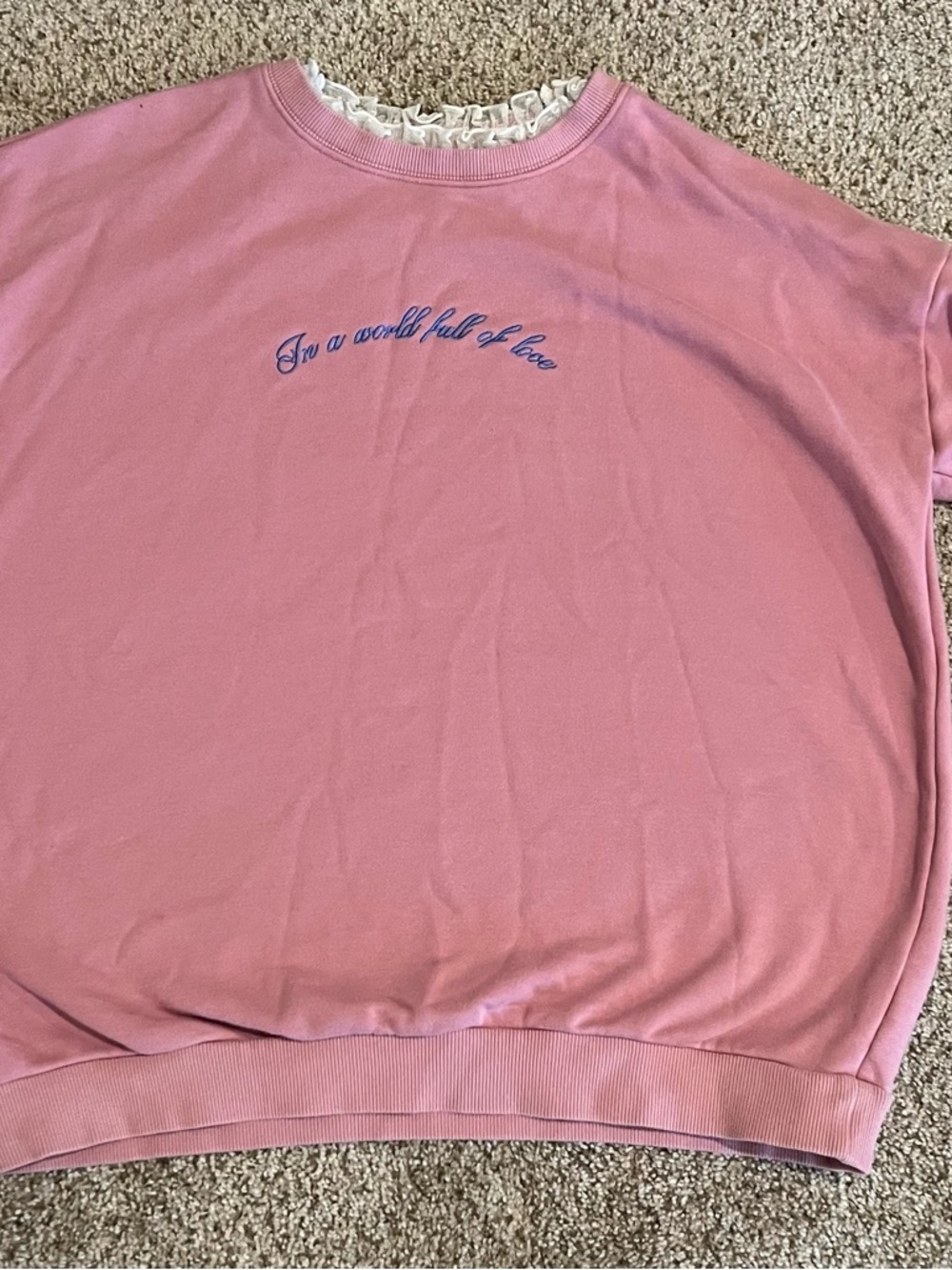 ONLY Pink Knit Top with White Lace Trim Embroidered Flowers Quote Sweatshirt